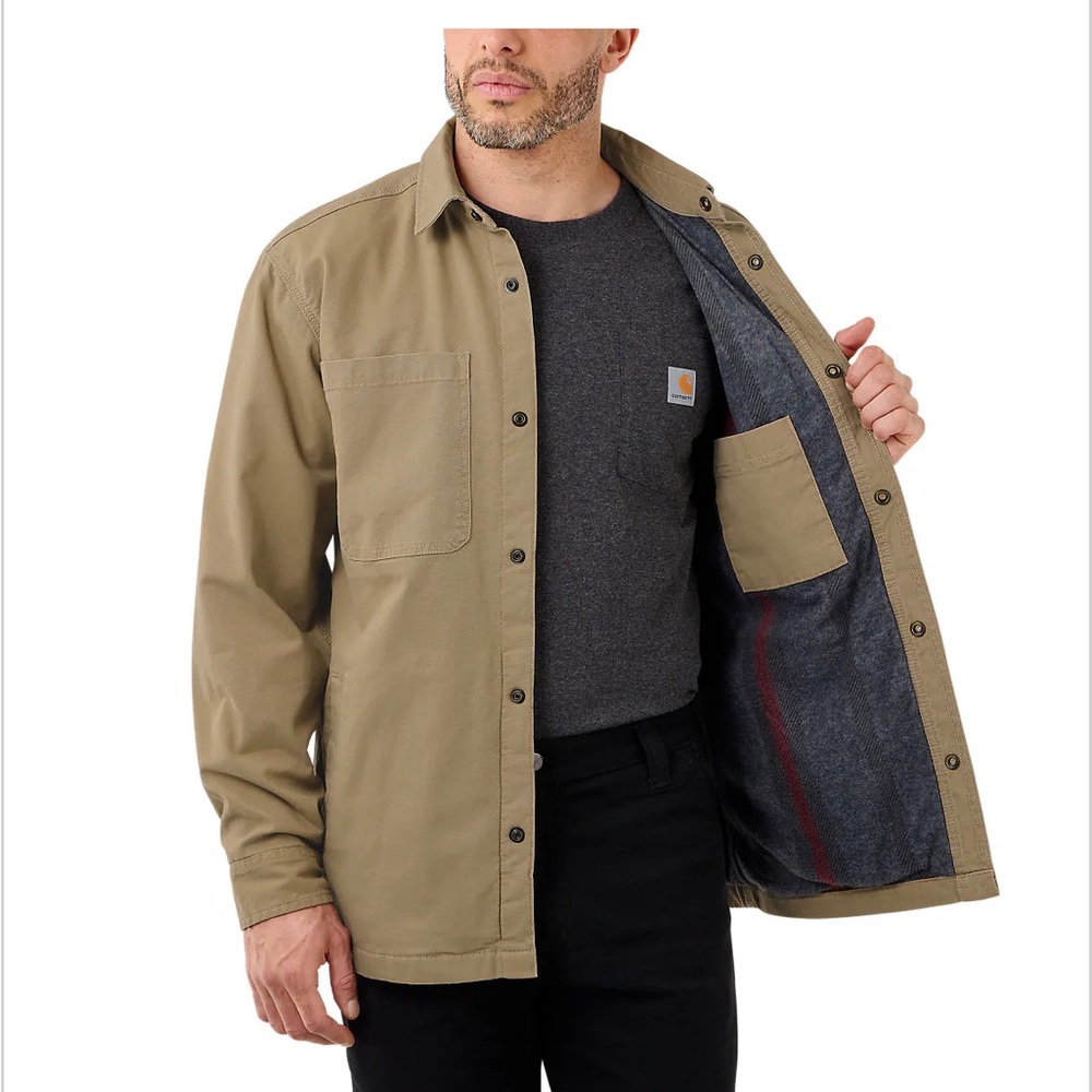 CARHARTT RUGGED FLEX® RELAXED FIT CANVAS FLEECE-LINED SNAP-FRONT SHIRT JACKET